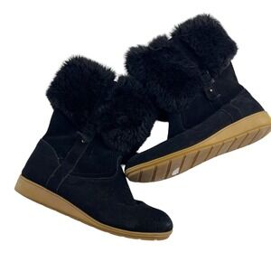 Lands' End Black Fur-Trim.Pull Up Boots with Brown Sole